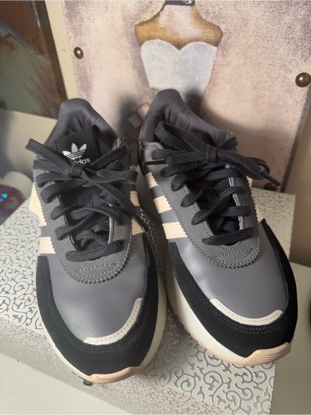 adidas Gray, Black & Cream Retro Runner Sneakers